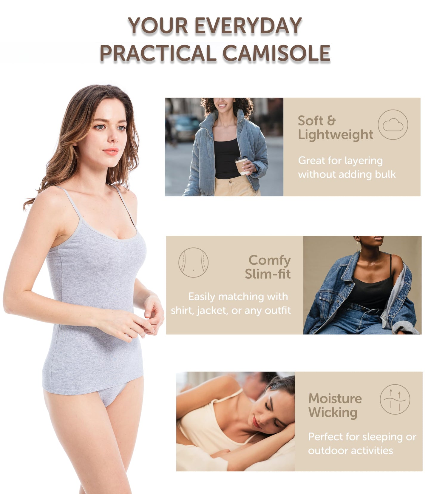 Comfneat Women's 4-Pack Slim-Fit Camisoles Adjustable Spaghetti Strap Cotton Top Undershirt