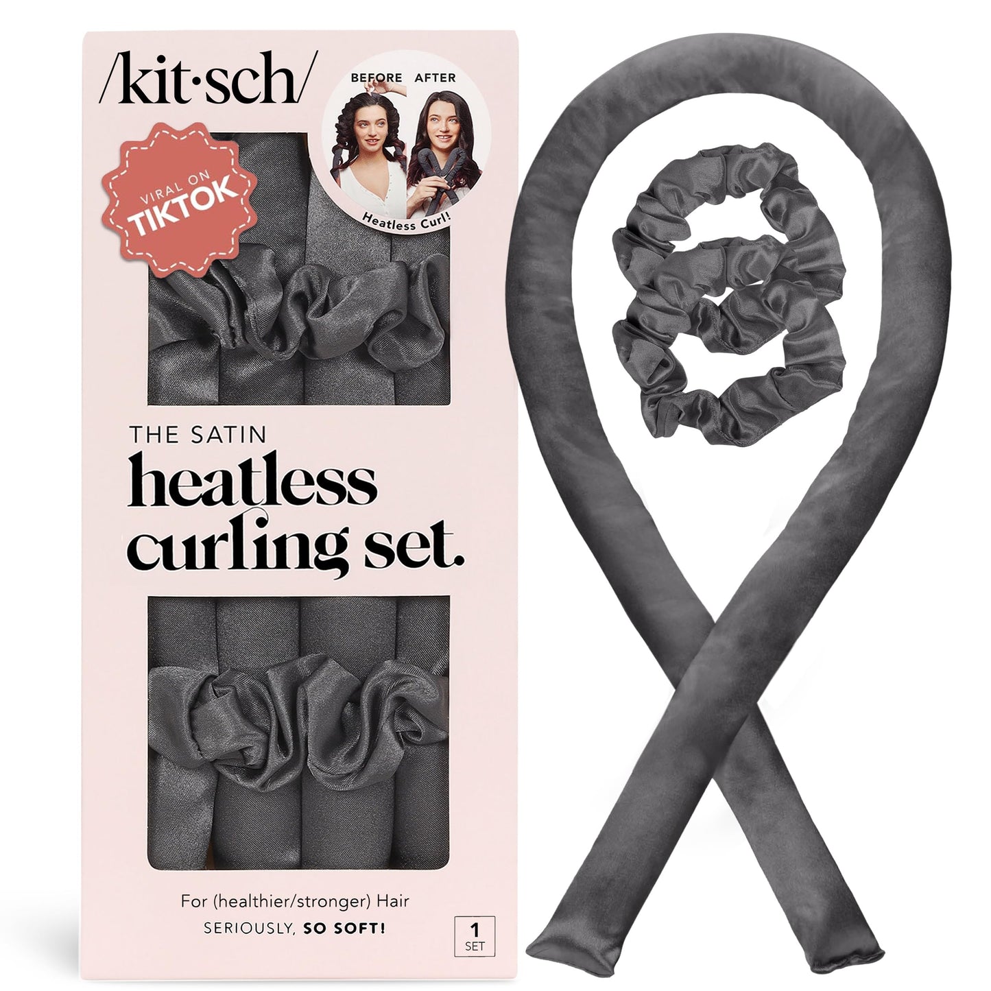 Kitsch Heatless Curling Set - Satin Heatless Curler, Hair Curler No Heat, Heatless Curler for long and short hair, Overnight Curls with 2 Satin Scrunchies and Blowout Rod - Sunset Tie Dye
