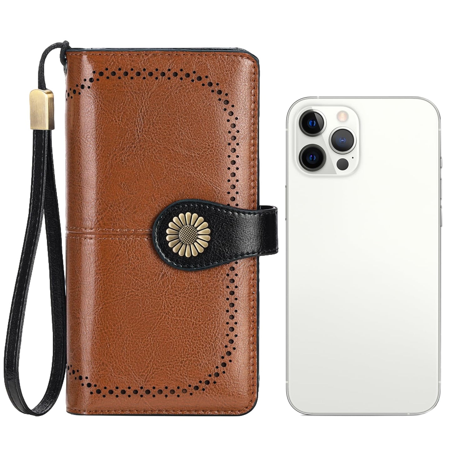 SENDEFN Genuine Leather Purses for Women, RFID Large Ladies Purse, Wallet for Women with Wrist Strap