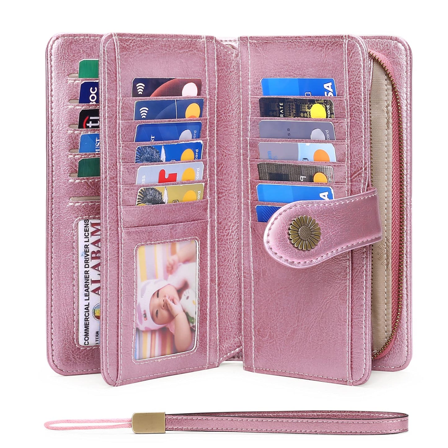 SENDEFN Genuine Leather Purses for Women, RFID Large Ladies Purse, Wallet for Women with Wrist Strap