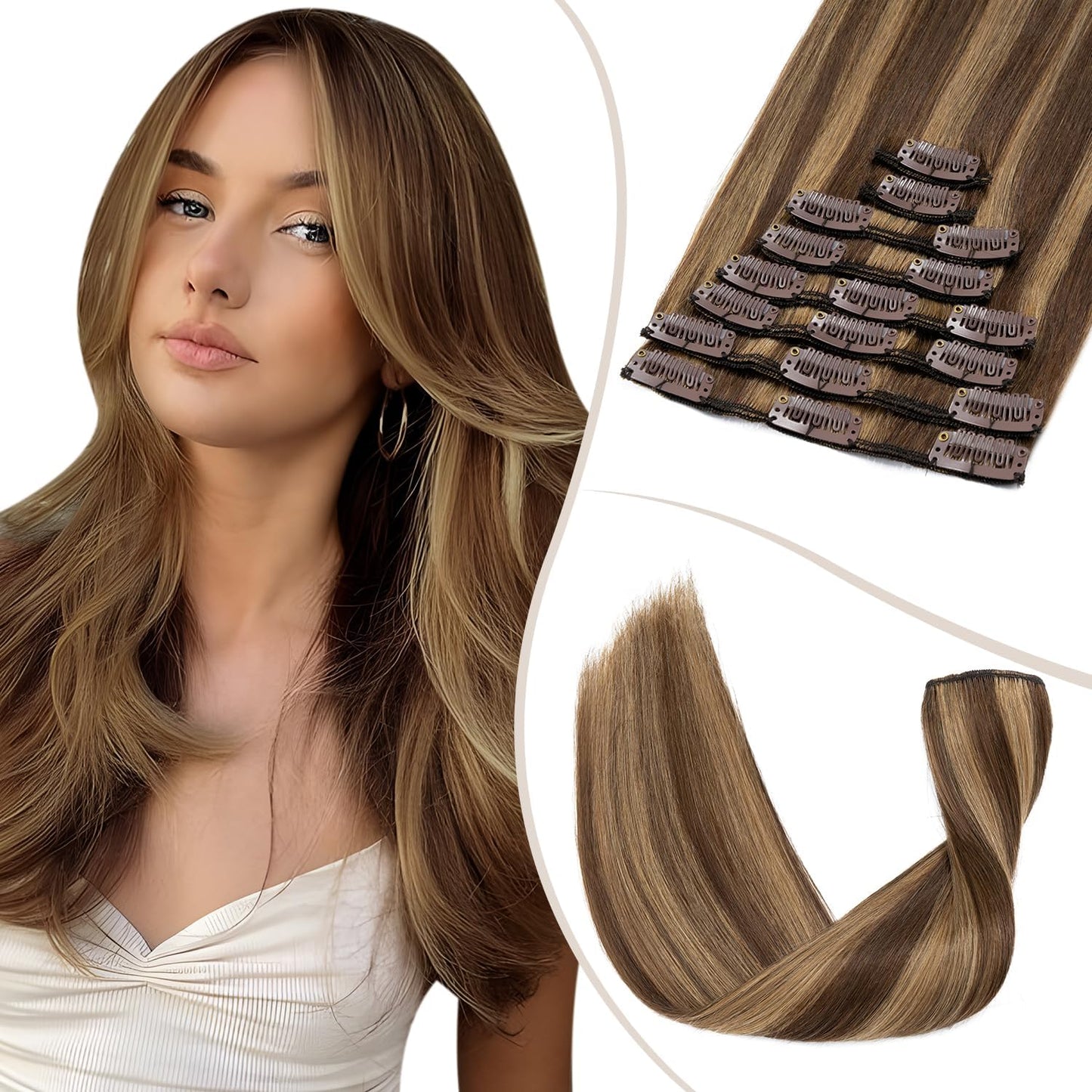 TESS Clip in Hair Extensions Real Human Hair Highlighted Remy Seamless 8 Pieces Straight Short for Women/Girls (#12P613 Golden Brown & Bleach Blonde, 10 Inch 50g)