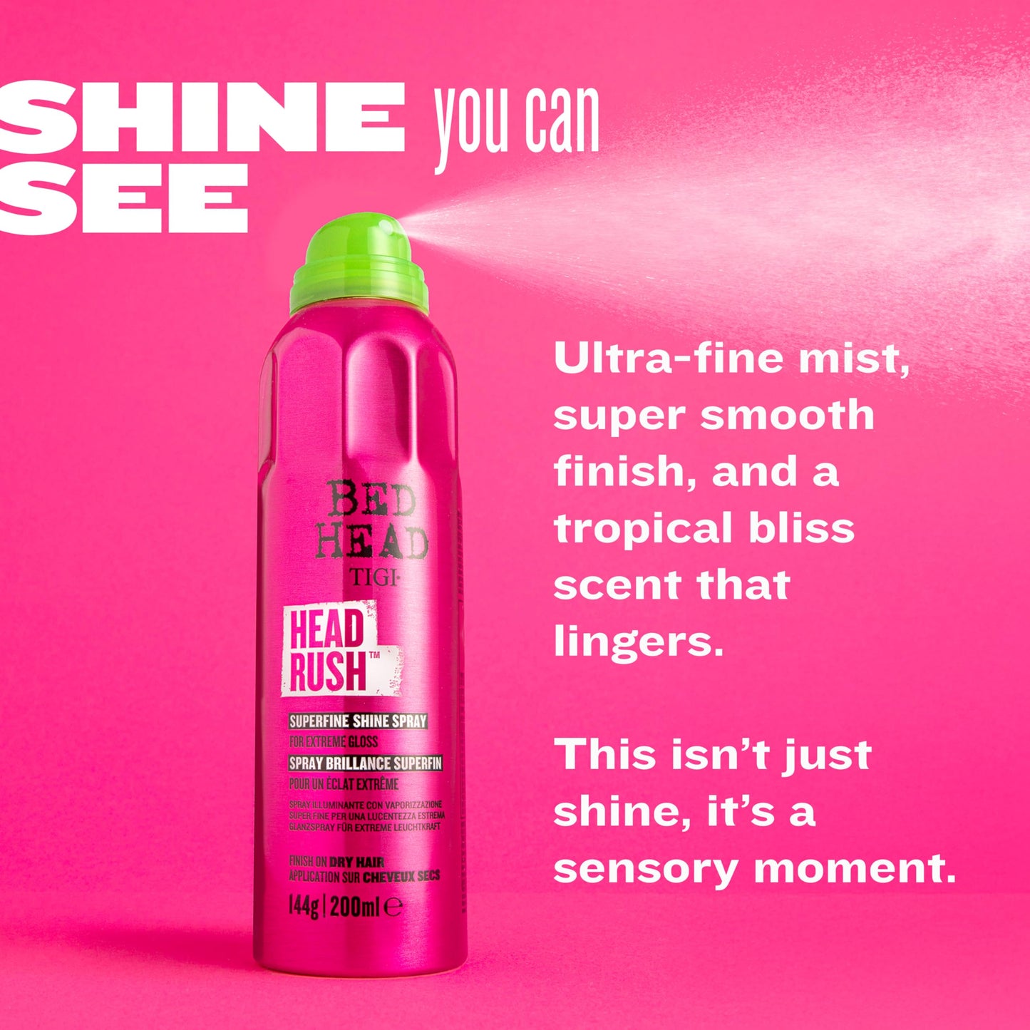 Bed Head by TIGI Headrush Shine Spray – Lightweight Shine Spray for Smooth, Glossy Hair – 200 ml