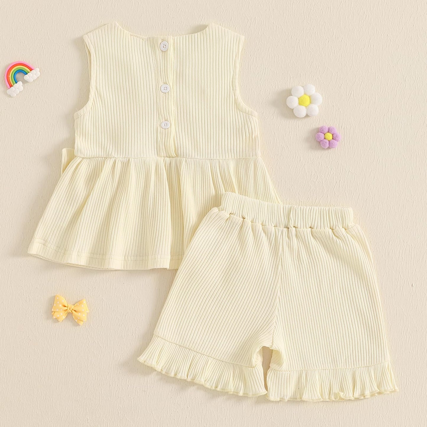 YILEEGOO Toddler Baby Girl Summer Outfits Cotton Baby Clothes Ribbed Sleeveless Bow Ruffled Tank Vest Shirt Tops with Shorts Set