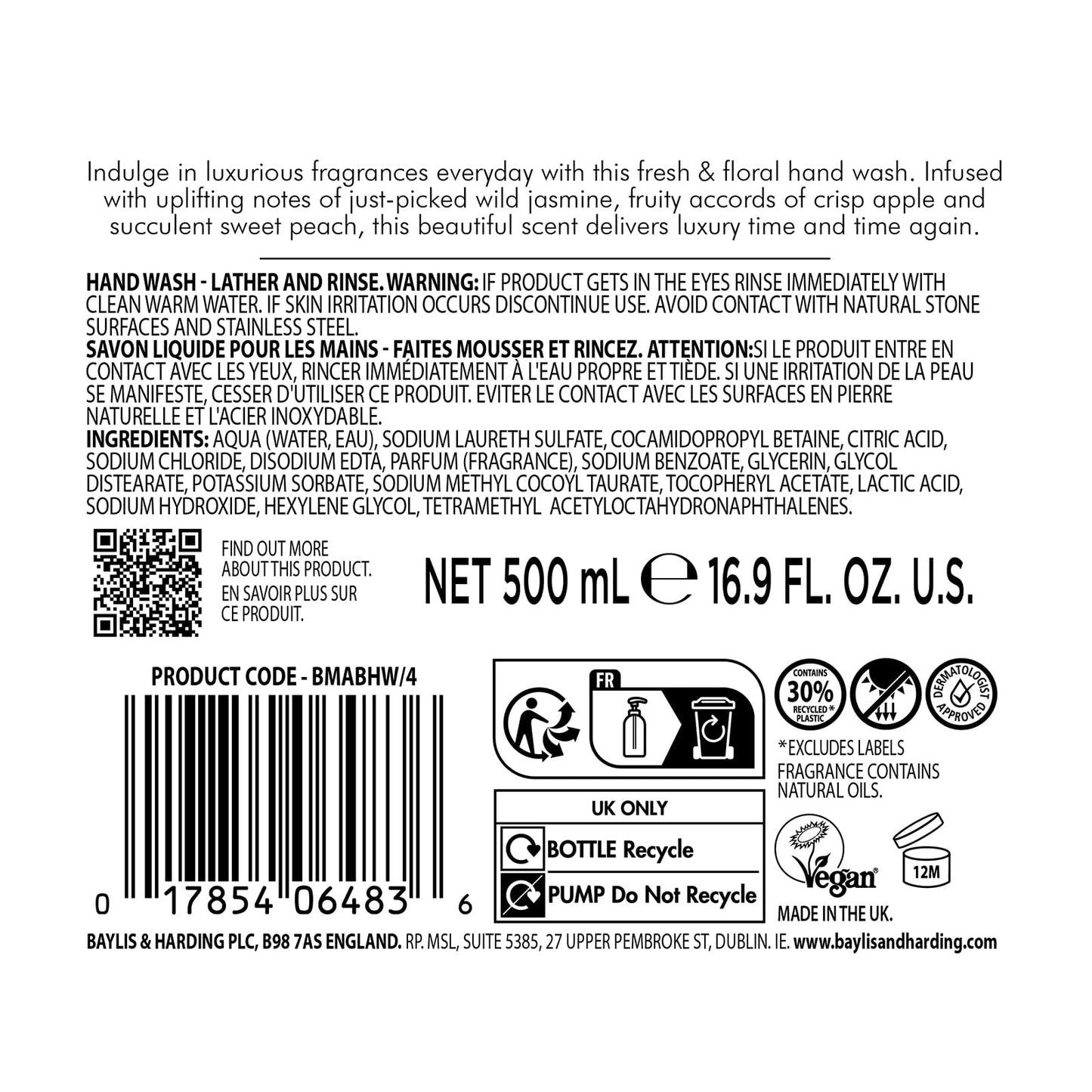 Baylis & Harding Jasmine and Apple Blossom Anti-Bacterial Hand Wash, 500 ml (Pack of 3) - Vegan Friendly