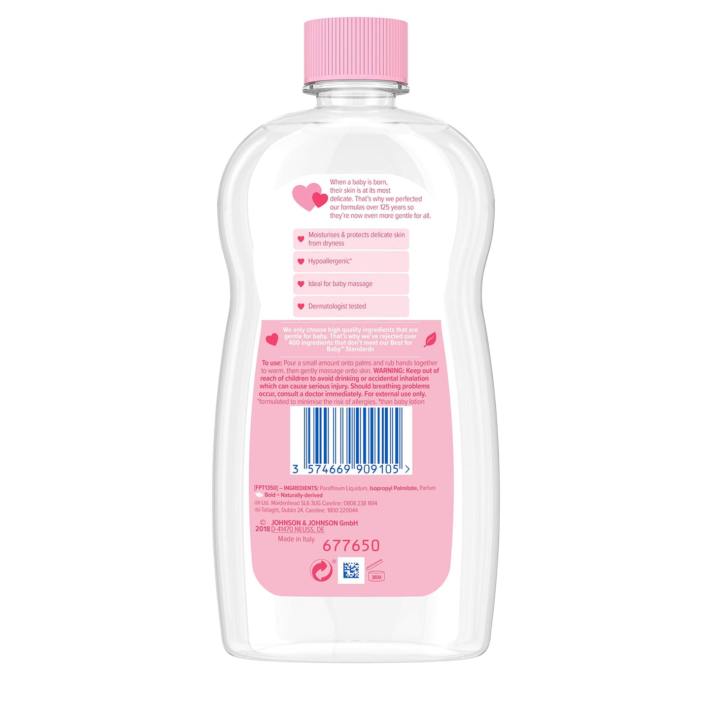 Johnson's Baby Oil (1 x 500 ml) Moisturising Baby Oil to Protect Delicate and Dry Skin, Hypoallergenic and pH-Balanced, Ideal for Massage, Moisturiser for Dry Skin to Soften Hands and Body