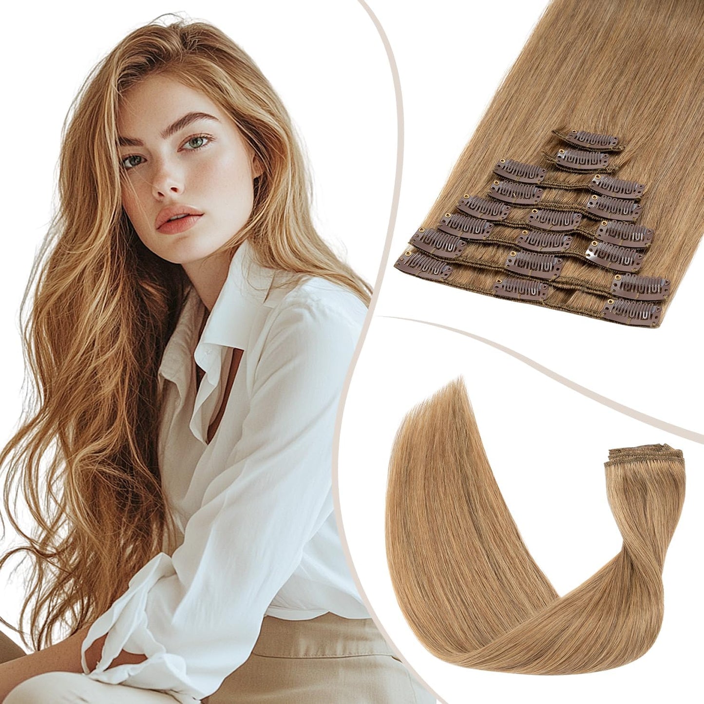 TESS Clip in Hair Extensions Real Human Hair Highlighted Remy Seamless 8 Pieces Straight Short for Women/Girls (#12P613 Golden Brown & Bleach Blonde, 10 Inch 50g)