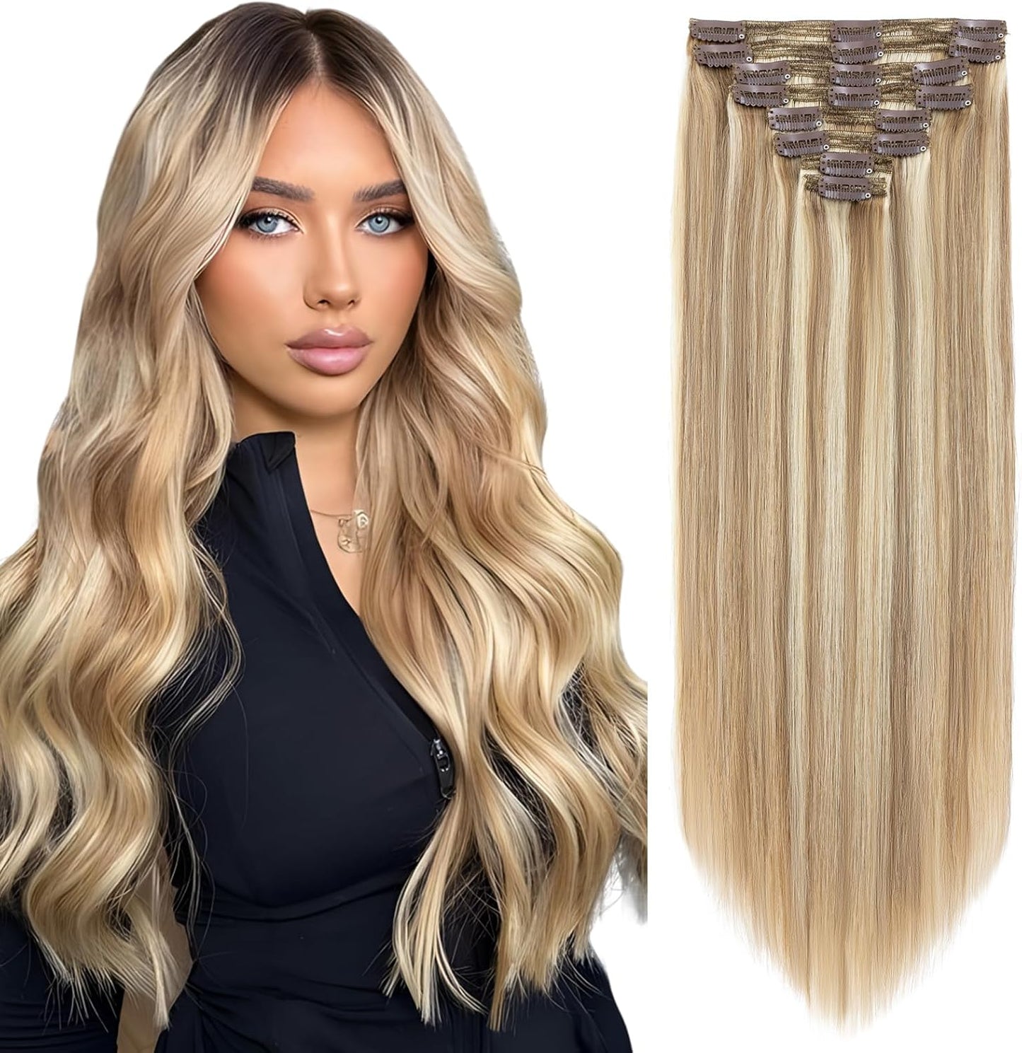 Elailite Clip in Hair Extensions Real Human Hair - 100% Remy Hair Straight 8 Pcs Thin Weft (#12/613 Golden Brown Mix Bleach Blonde, 10 Inch (50 g))