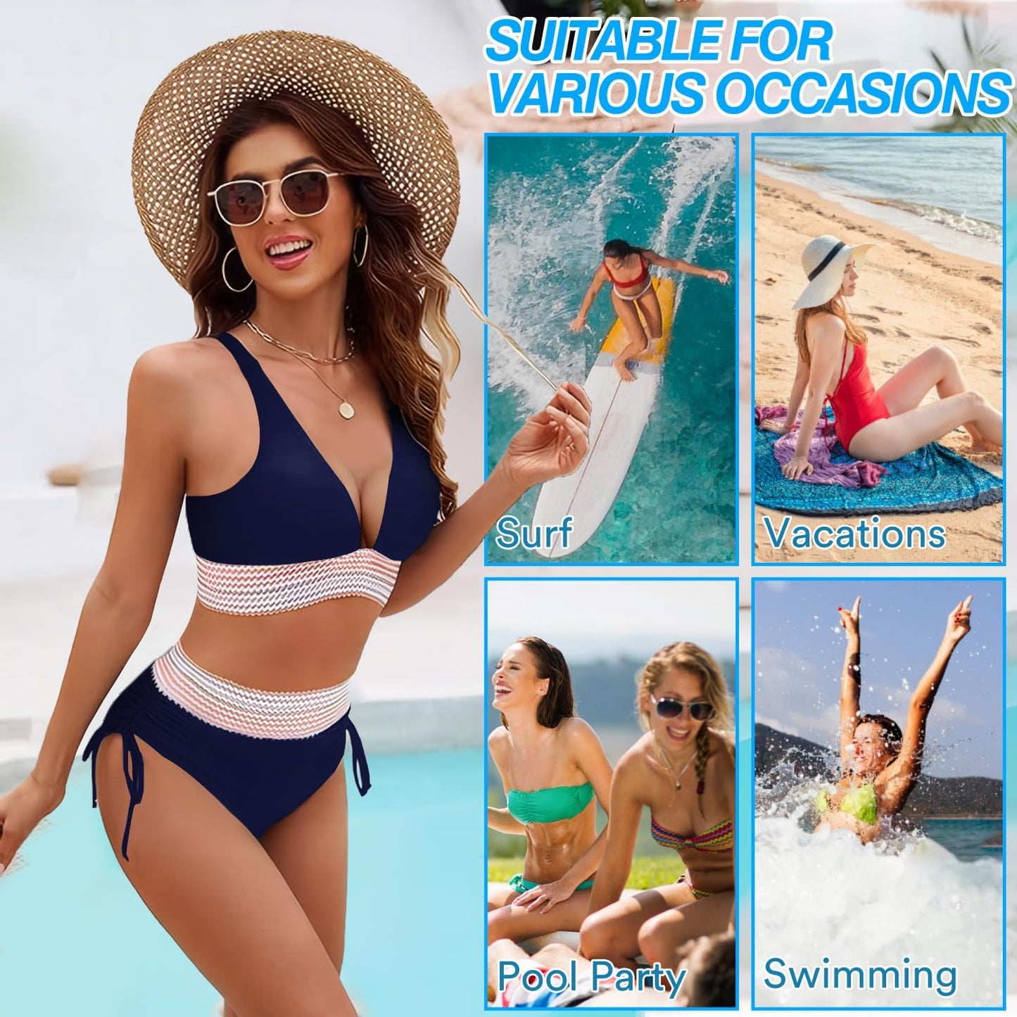Women's High Waisted Bikini Set Tummy Control Swimwear with Adjustable Shoulder Straps 2 Piece Beach Holiday Swimming Costume for Pool Vacation Spa