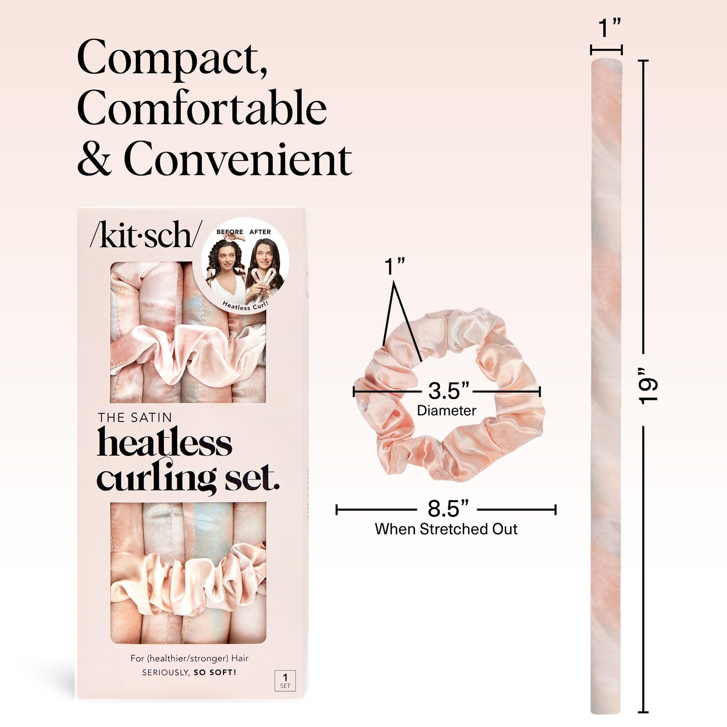 Kitsch Heatless Curling Set - Satin Heatless Curler, Hair Curler No Heat, Heatless Curler for long and short hair, Overnight Curls with 2 Satin Scrunchies and Blowout Rod - Sunset Tie Dye