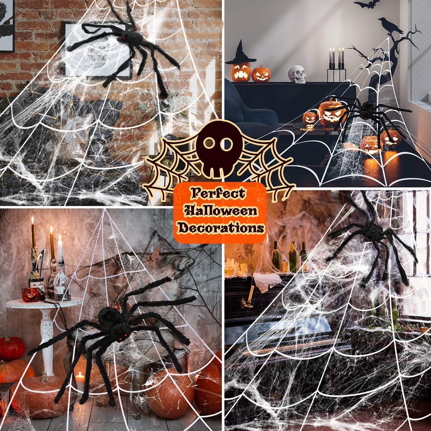 Halloween Decorations Spider Web, 50'' Giant Spider + 200'' Triangular Giant Spider Web and 20G Spider Web, Halloween Spider for Indoor Outdoor Scary Haunted House Spider Web Party Halloween Yard