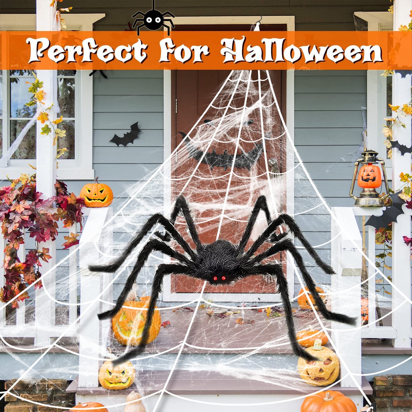 Halloween Decorations Spider Web, 50'' Giant Spider + 200'' Triangular Giant Spider Web and 20G Spider Web, Halloween Spider for Indoor Outdoor Scary Haunted House Spider Web Party Halloween Yard