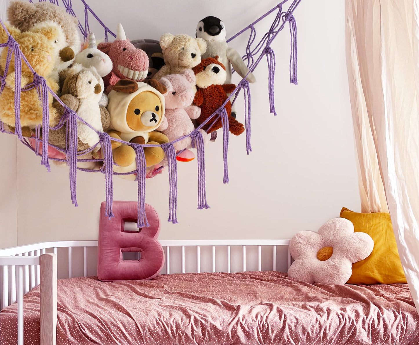 Stuffed Animal Storage Hammock - Baby Toy Hammock Net for Stuffed Animals Cute Room Decor -Large Stuff Animal Organizer Holder for Plush Plushie - Kids Nursery Beige Bedroom Home Decor