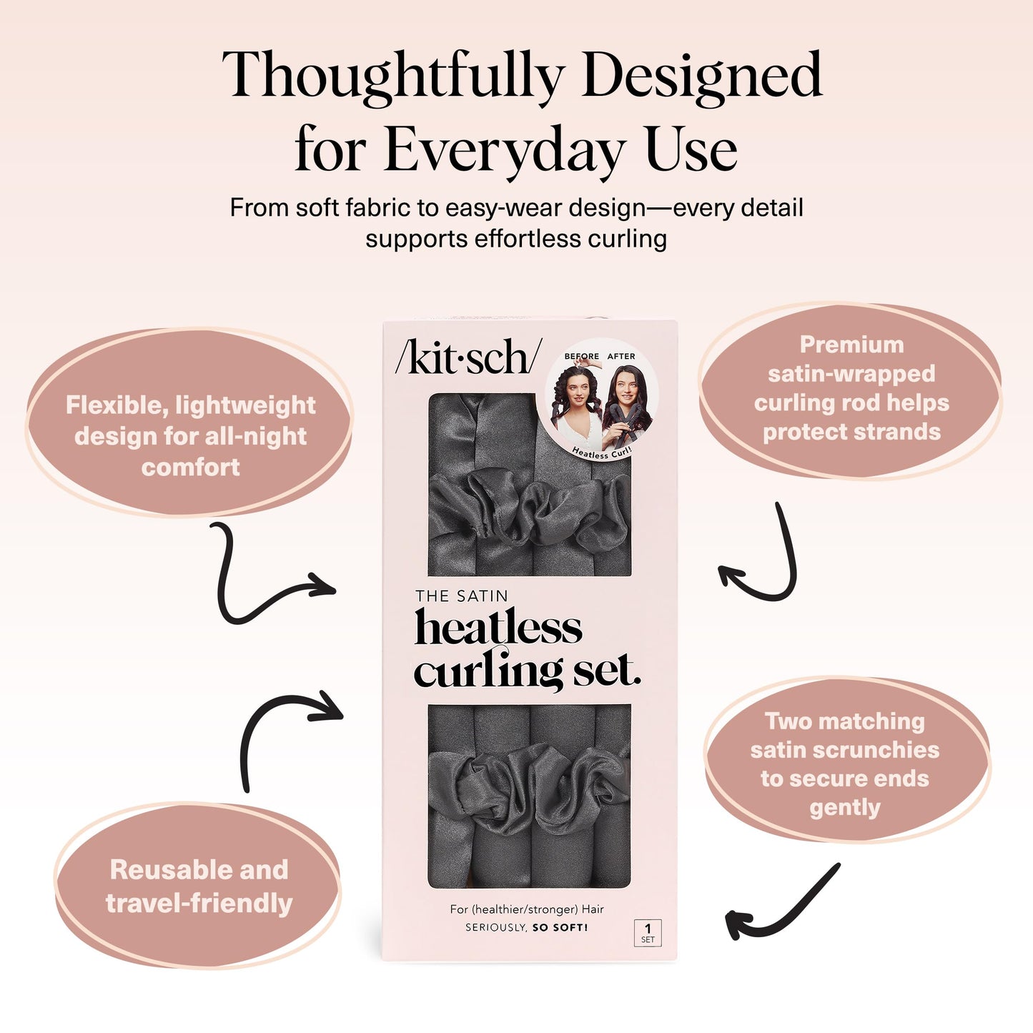 Kitsch Heatless Curling Set - Satin Heatless Curler, Hair Curler No Heat, Heatless Curler for long and short hair, Overnight Curls with 2 Satin Scrunchies and Blowout Rod - Sunset Tie Dye