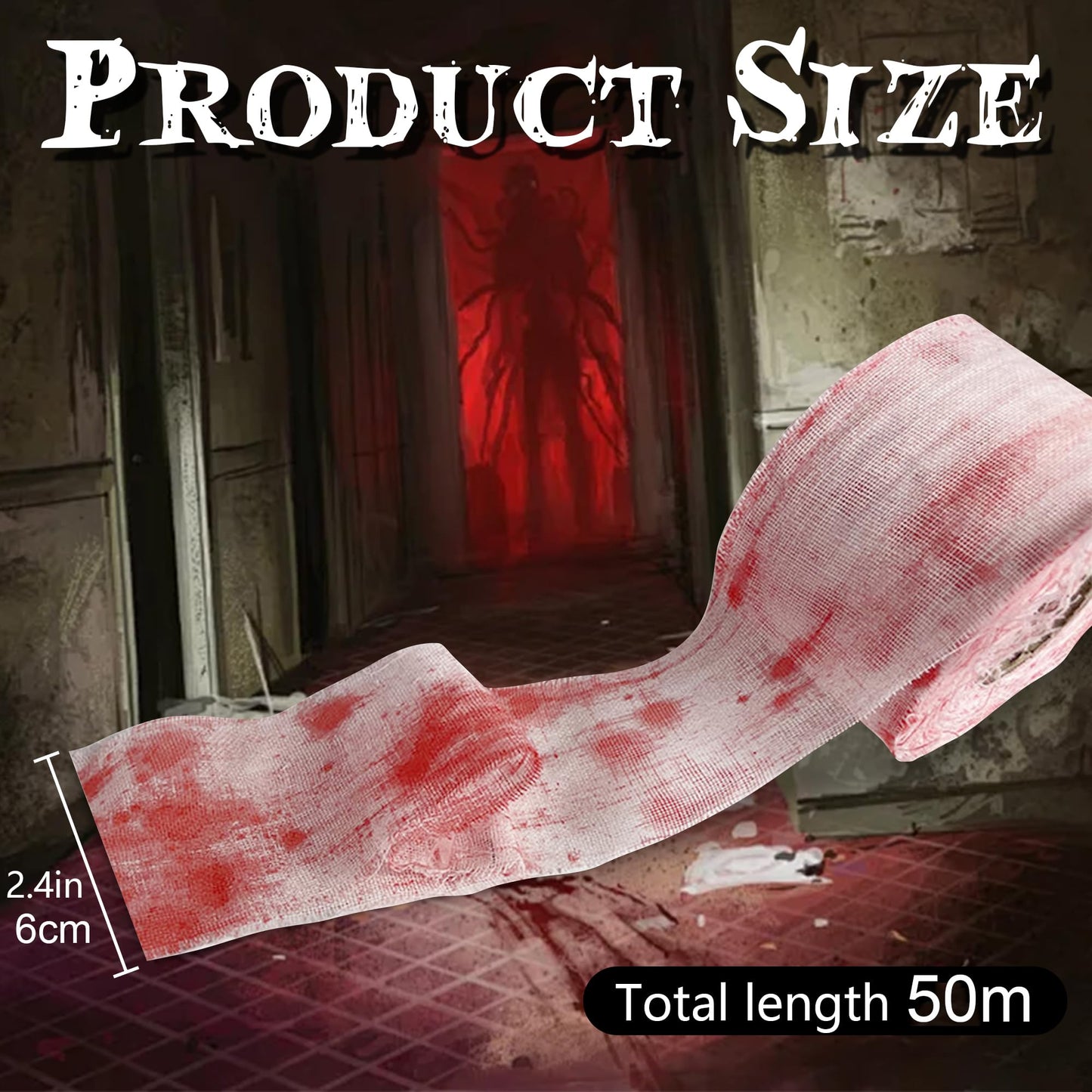 GIONAR 50M Halloween Creepy Blood Cloth - Scary Creepy Cloth with Bloody Prints- Spooky Fabric Blood Strip Drape for Halloween Doorway Curtain Costume Decor