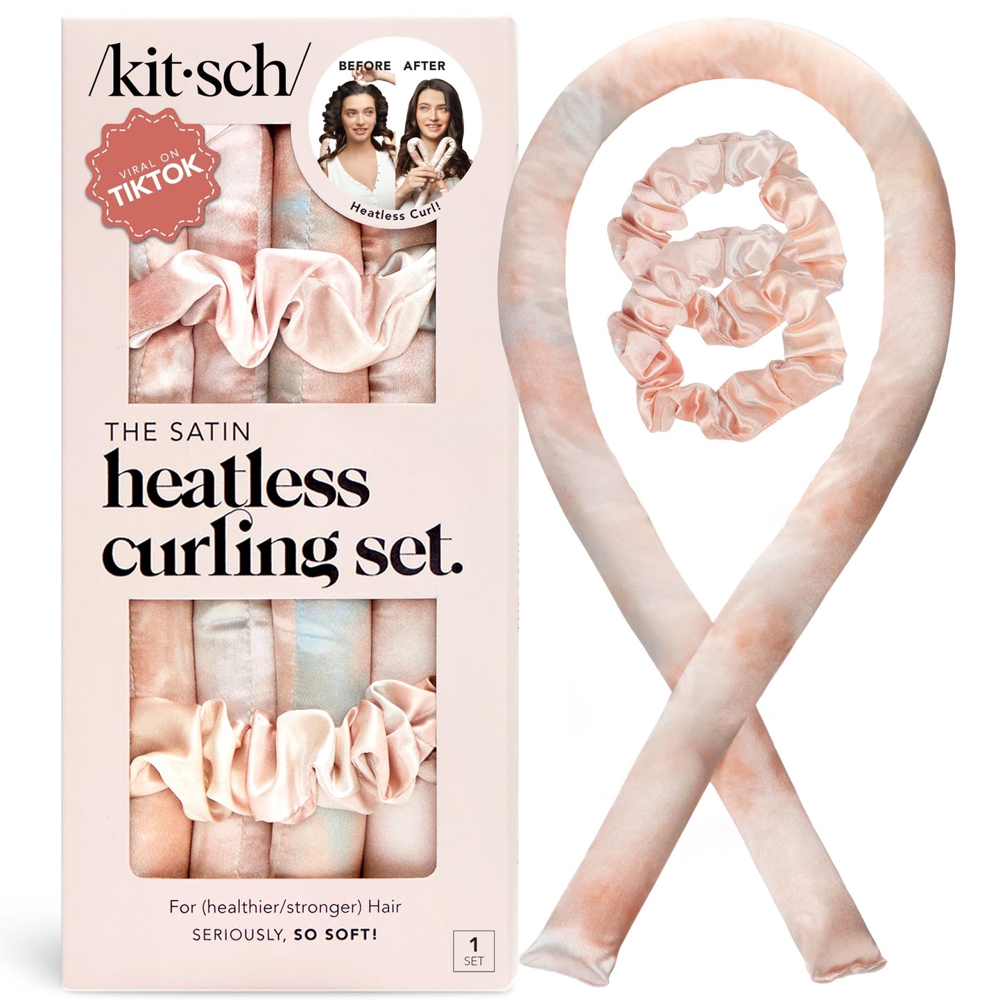 Kitsch Heatless Curling Set - Satin Heatless Curler, Hair Curler No Heat, Heatless Curler for long and short hair, Overnight Curls with 2 Satin Scrunchies and Blowout Rod - Sunset Tie Dye