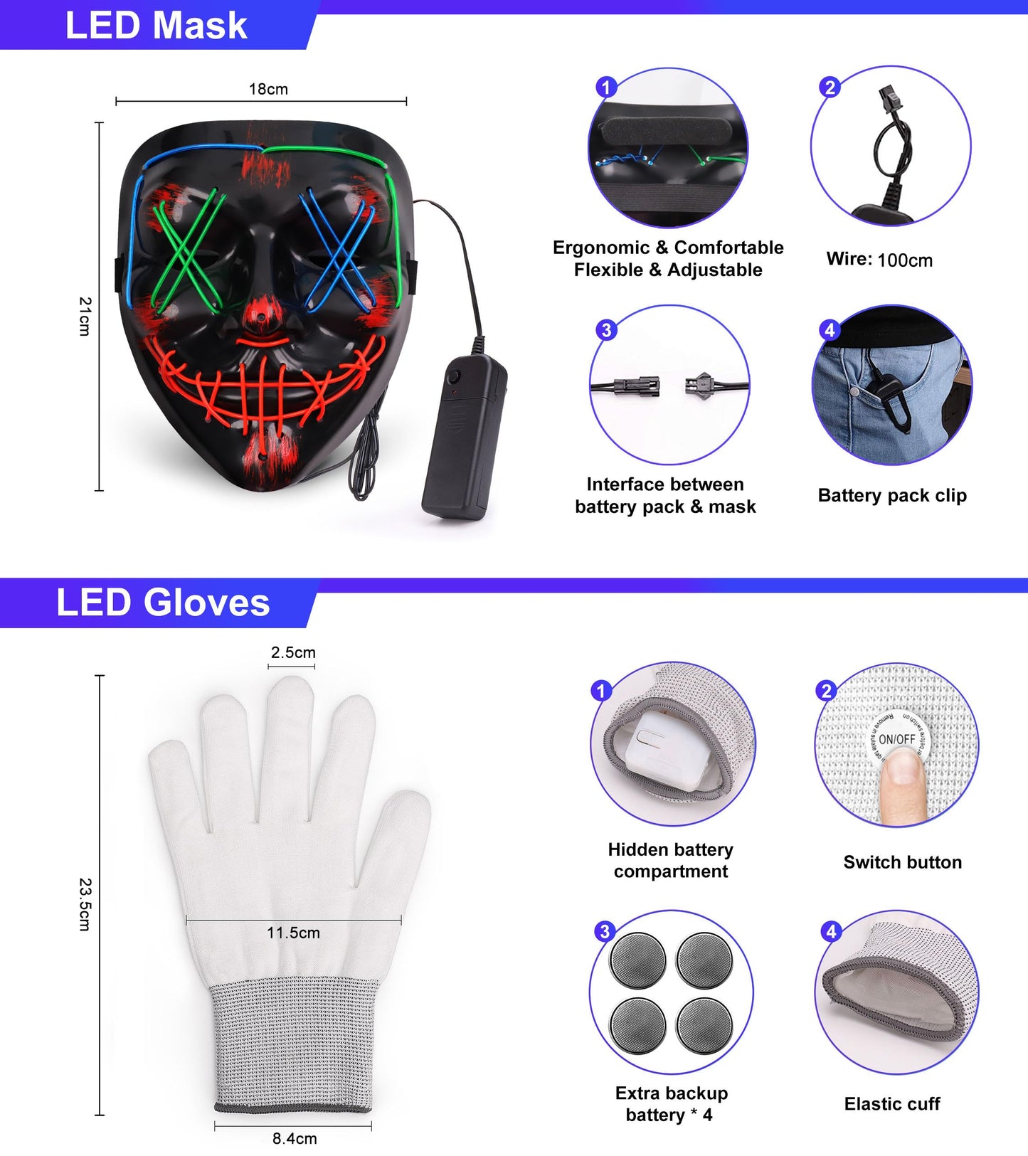 Colplay New LED Halloween Mask & Gloves in Multiple Light Modes, The Purge Mask Costume, Light up Scary Mask Gloves, Halloween Costumes for Women Kids Girls, Anonymous Neon Mask Halloween Gifts