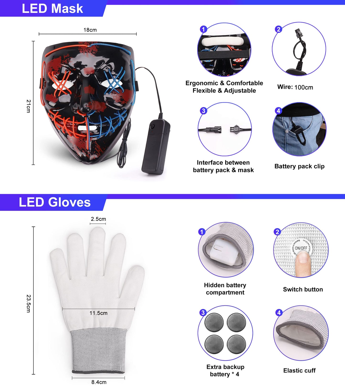Colplay New LED Halloween Mask & Gloves in Multiple Light Modes, The Purge Mask Costume, Light up Scary Mask Gloves, Halloween Costumes for Women Kids Girls, Anonymous Neon Mask Halloween Gifts