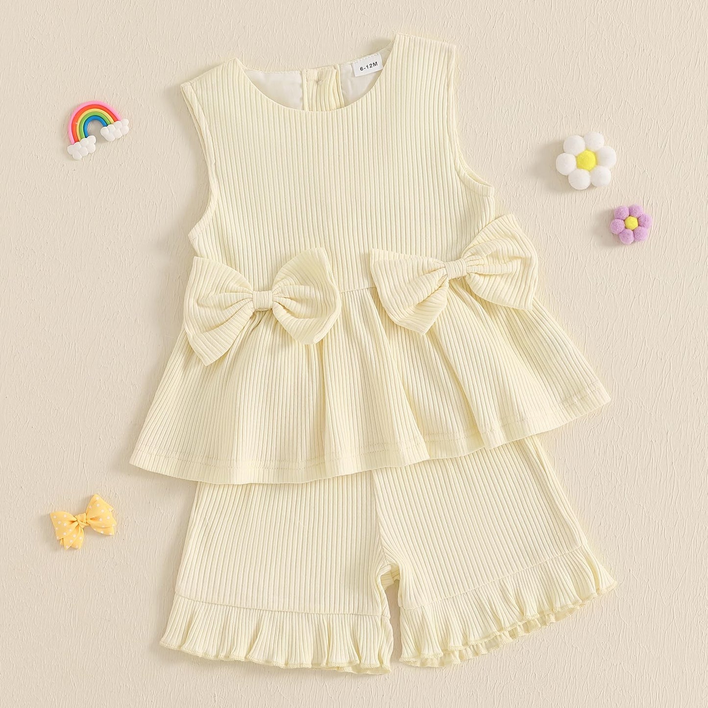 YILEEGOO Toddler Baby Girl Summer Outfits Cotton Baby Clothes Ribbed Sleeveless Bow Ruffled Tank Vest Shirt Tops with Shorts Set