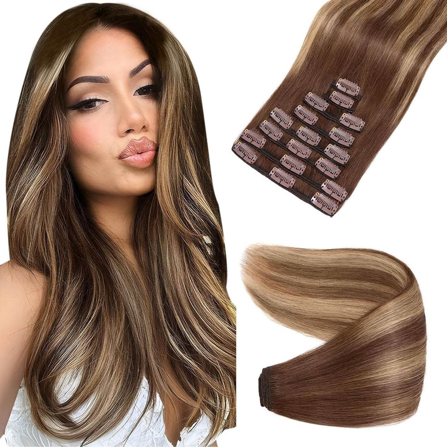 Elailite Clip in Hair Extensions Real Human Hair - 100% Remy Hair Straight 8 Pcs Thin Weft (#12/613 Golden Brown Mix Bleach Blonde, 10 Inch (50 g))