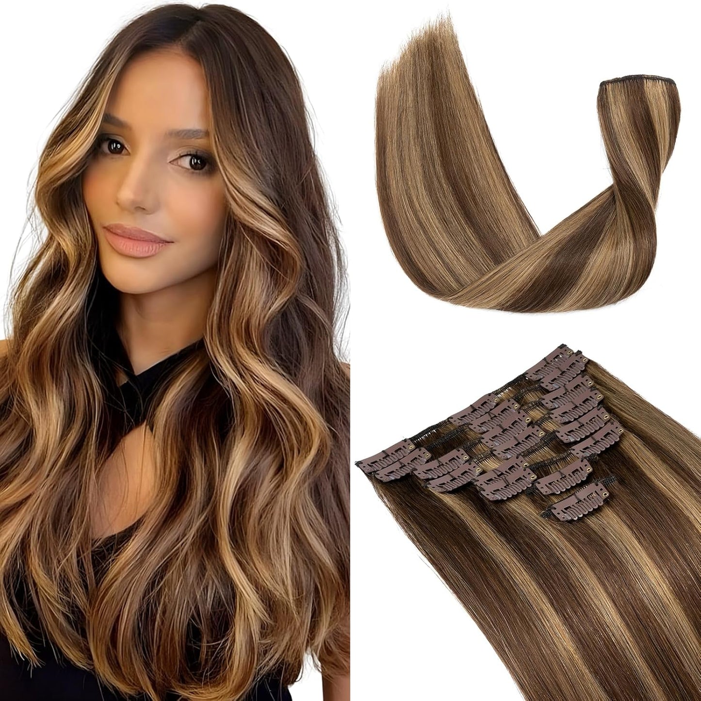 Elailite Clip in Hair Extensions Real Human Hair - 100% Remy Hair Straight 8 Pcs Thin Weft (#12/613 Golden Brown Mix Bleach Blonde, 10 Inch (50 g))