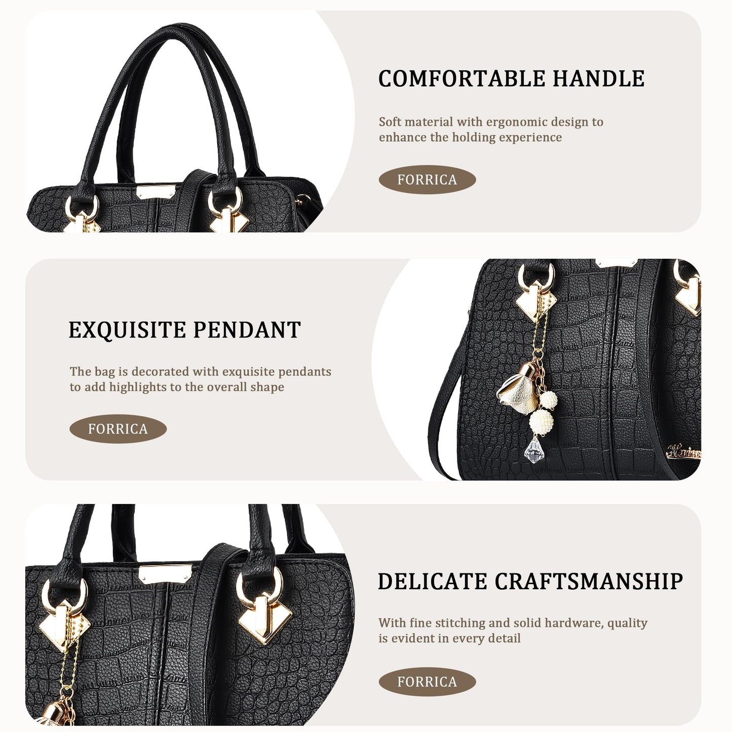 FORRICA Handbags for Women Elegant Pendant Ladies Shoulder Bags Top Handle Crossbody Bag PU Leather for Shopping Work Dating Black B