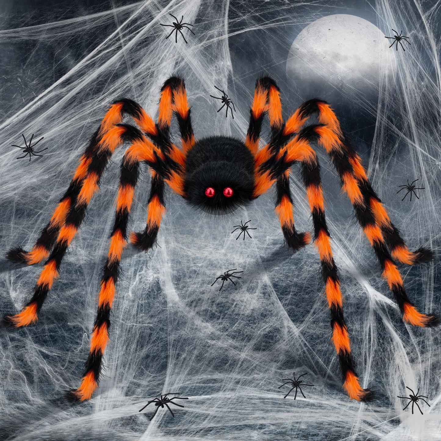benpen Halloween Decorations Outdoor Gaint Spider:50'' Halloween Spiders Decor+10pcs Scary Hairy Fake Spiders+60g Cobweb Props for Indoor Outdoor Scary Haunted House Theme Party Yard