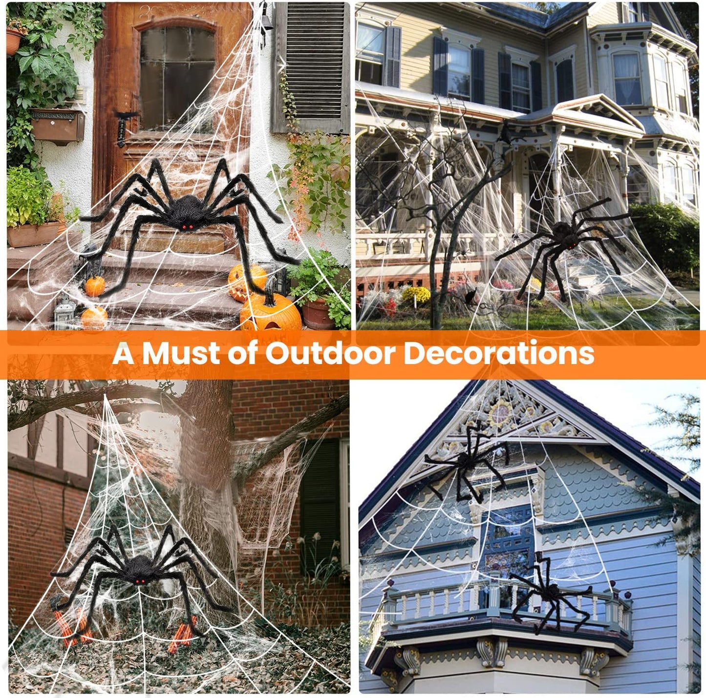 Halloween Decorations Spider Web, 50'' Giant Spider + 200'' Triangular Giant Spider Web and 20G Spider Web, Halloween Spider for Indoor Outdoor Scary Haunted House Spider Web Party Halloween Yard