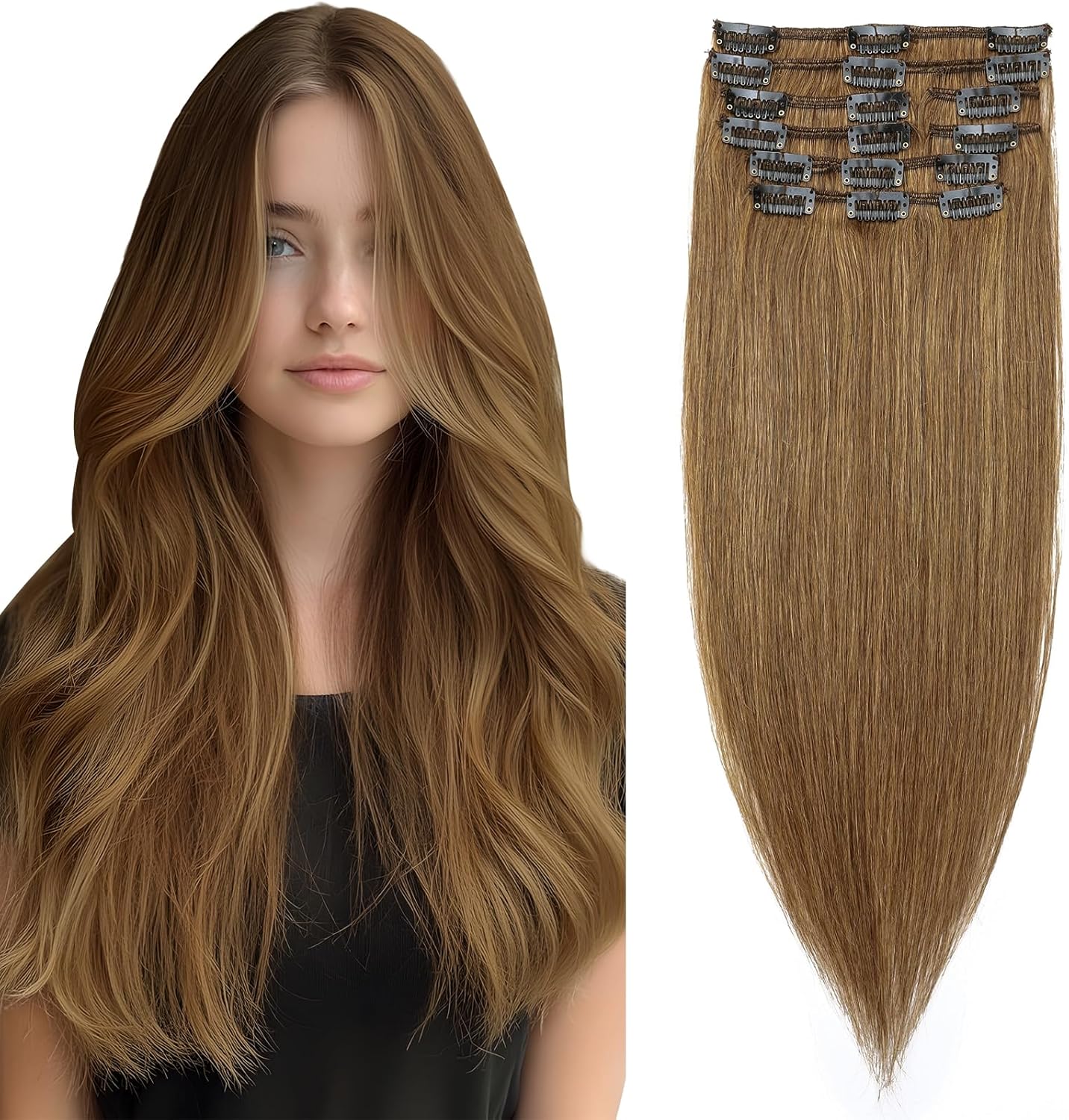 Elailite Clip in Hair Extensions Real Human Hair - 100% Remy Hair Straight 8 Pcs Thin Weft (#12/613 Golden Brown Mix Bleach Blonde, 10 Inch (50 g))