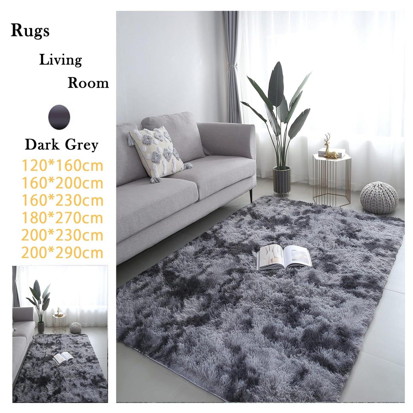 GJWLaie Rugs Living Room Grey Area Rugs for Bedroom Anti Silp Soft Shaggy Tie-Dye Plush Fluffy Living Room Rug Indoor Home Kidsroom Decor Carpet(Grey 120 * 160cm)