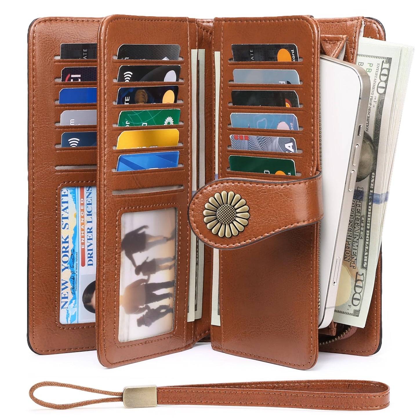 SENDEFN Genuine Leather Purses for Women, RFID Large Ladies Purse, Wallet for Women with Wrist Strap