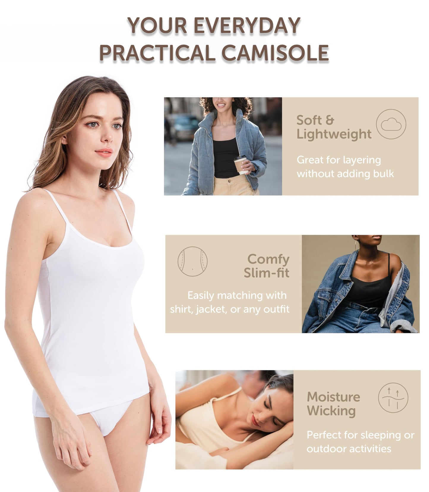 Comfneat Women's 4-Pack Slim-Fit Camisoles Adjustable Spaghetti Strap Cotton Top Undershirt