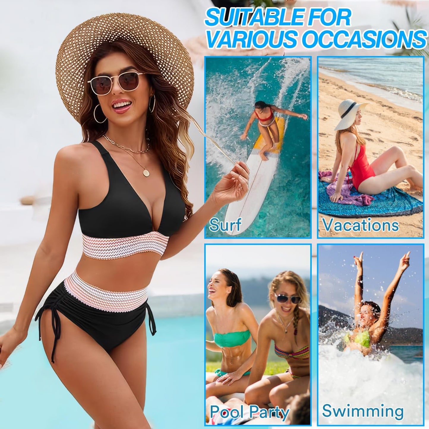 Women's High Waisted Bikini Set Tummy Control Swimwear with Adjustable Shoulder Straps 2 Piece Beach Holiday Swimming Costume for Pool Vacation Spa