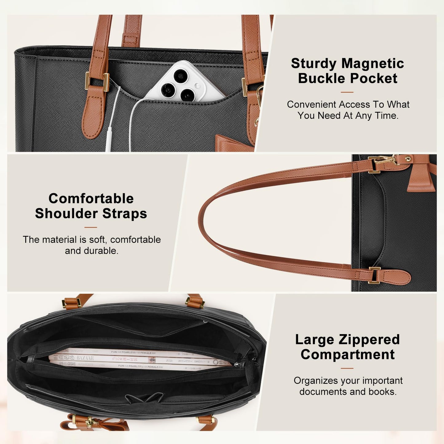 KTMOUW Handbags for Women Large Capacity PU Leather Tote Bags for Women with Zip, Shoulder Bag Ladies Handbag Tote Bag for School Work Travel Shopping Black