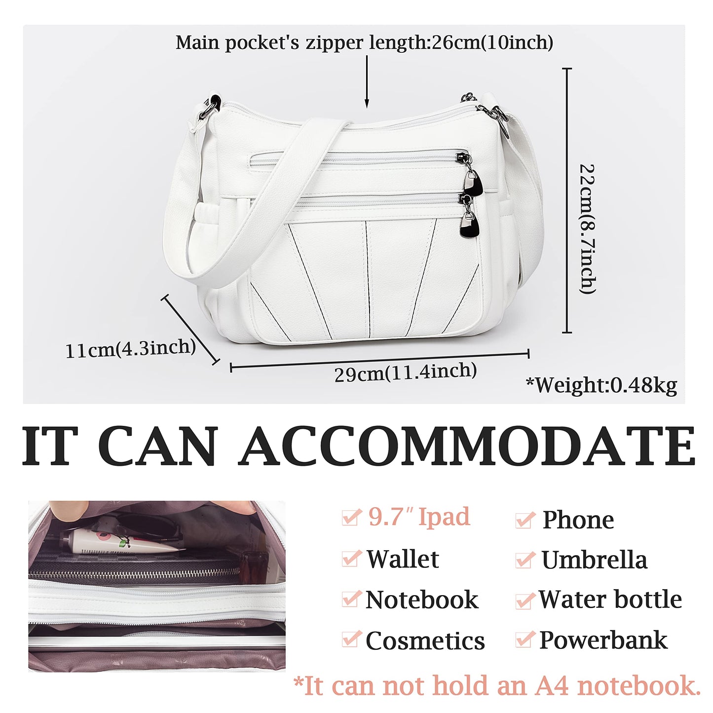VOLGANIK ROCK White Medium Hobo Handbag for Women - Elegant Utility Cross-Body & Shoulder Bag - Work & Travel