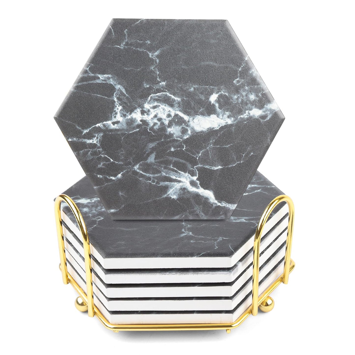 Marble Coasters for Drinks Absorbent with Cork Base, 8pcs Drink Coasters for Wooden Table with Metal Holder, Gold Ceramic Cup Coaster Set Rustic Home Decor for Living Room Bar Housewarming Gifts 4 ''