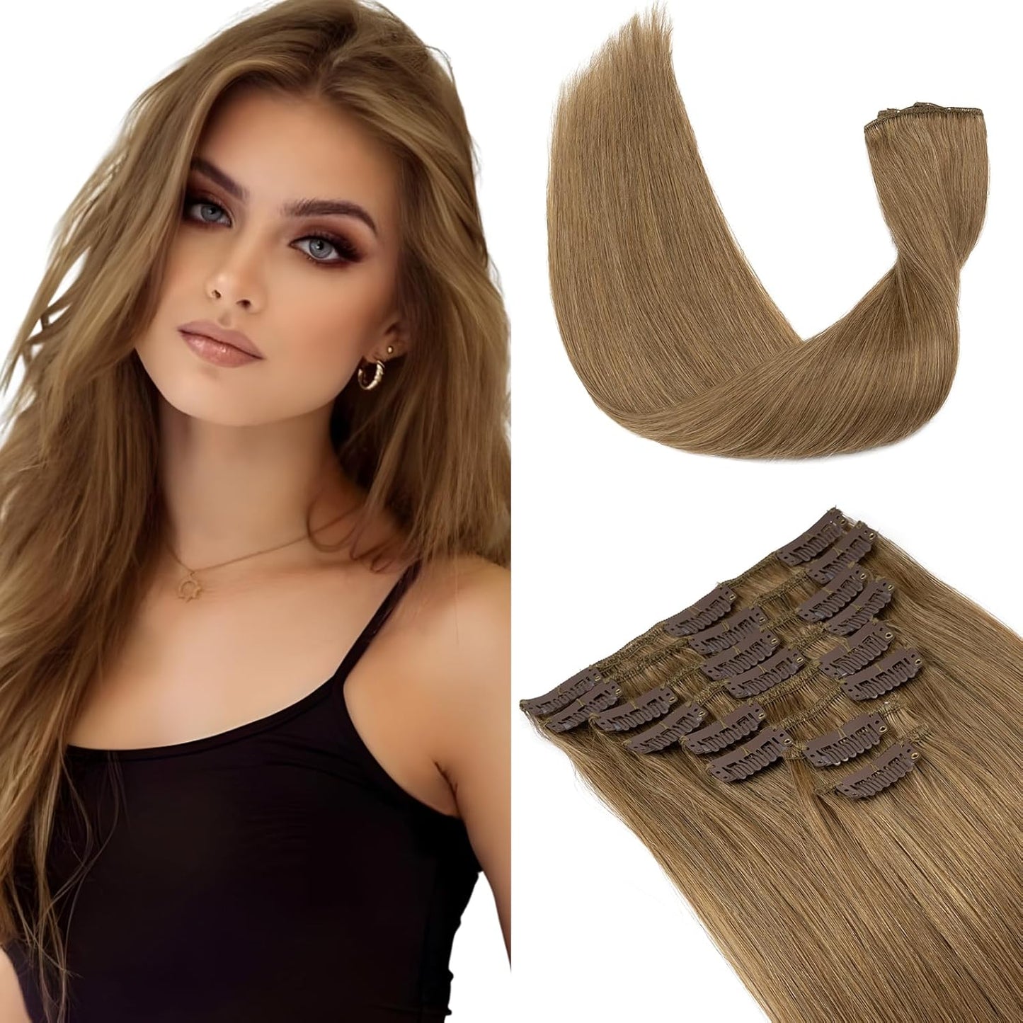 Elailite Clip in Hair Extensions Real Human Hair - 100% Remy Hair Straight 8 Pcs Thin Weft (#12/613 Golden Brown Mix Bleach Blonde, 10 Inch (50 g))