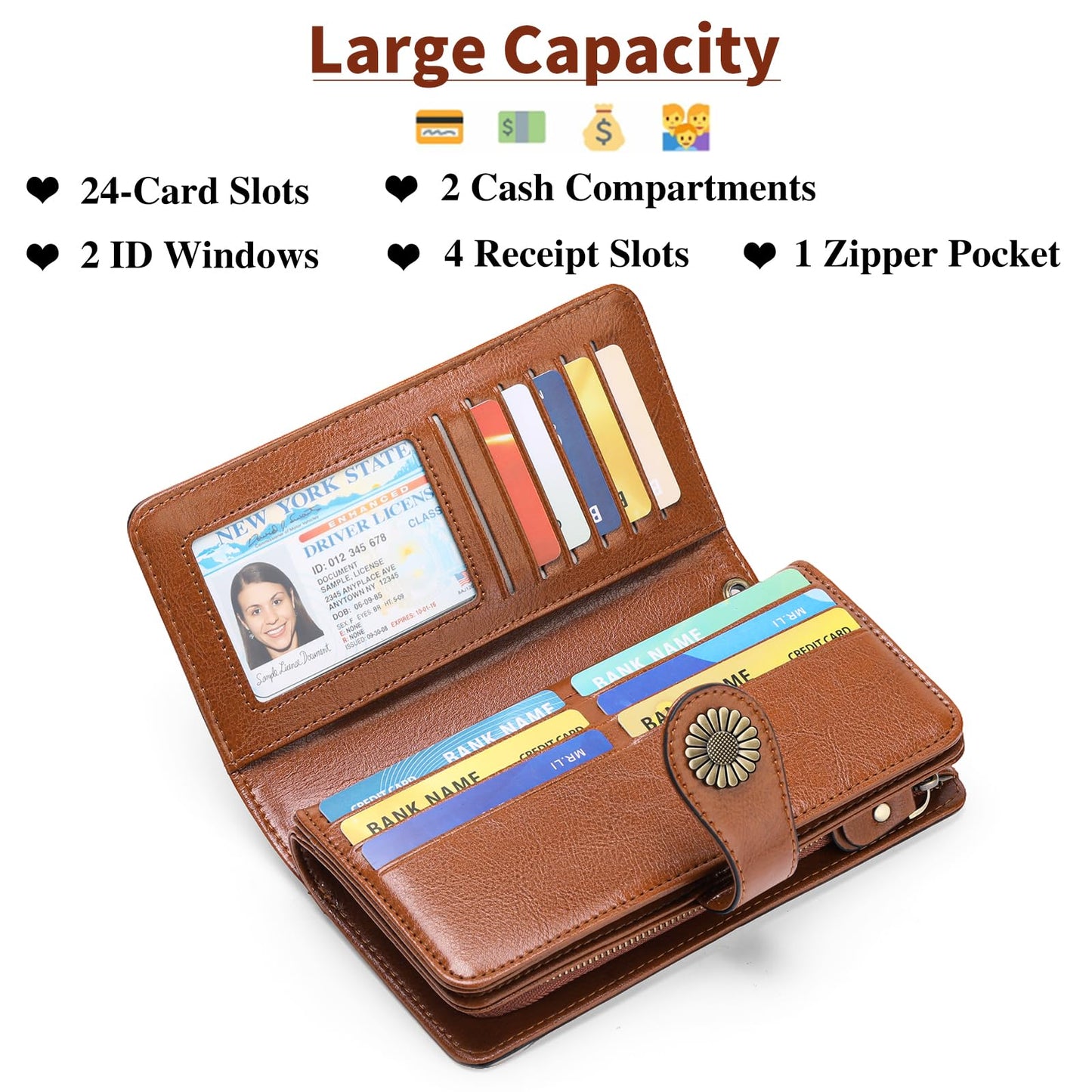 SENDEFN Genuine Leather Purses for Women, RFID Large Ladies Purse, Wallet for Women with Wrist Strap