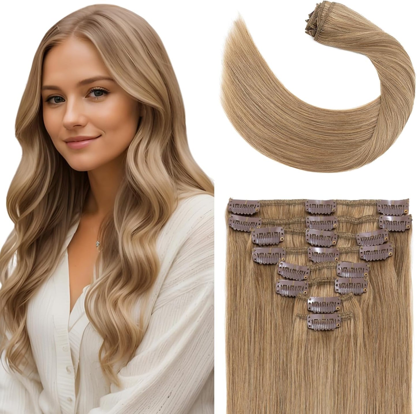 Elailite Clip in Hair Extensions Real Human Hair - 100% Remy Hair Straight 8 Pcs Thin Weft (#12/613 Golden Brown Mix Bleach Blonde, 10 Inch (50 g))