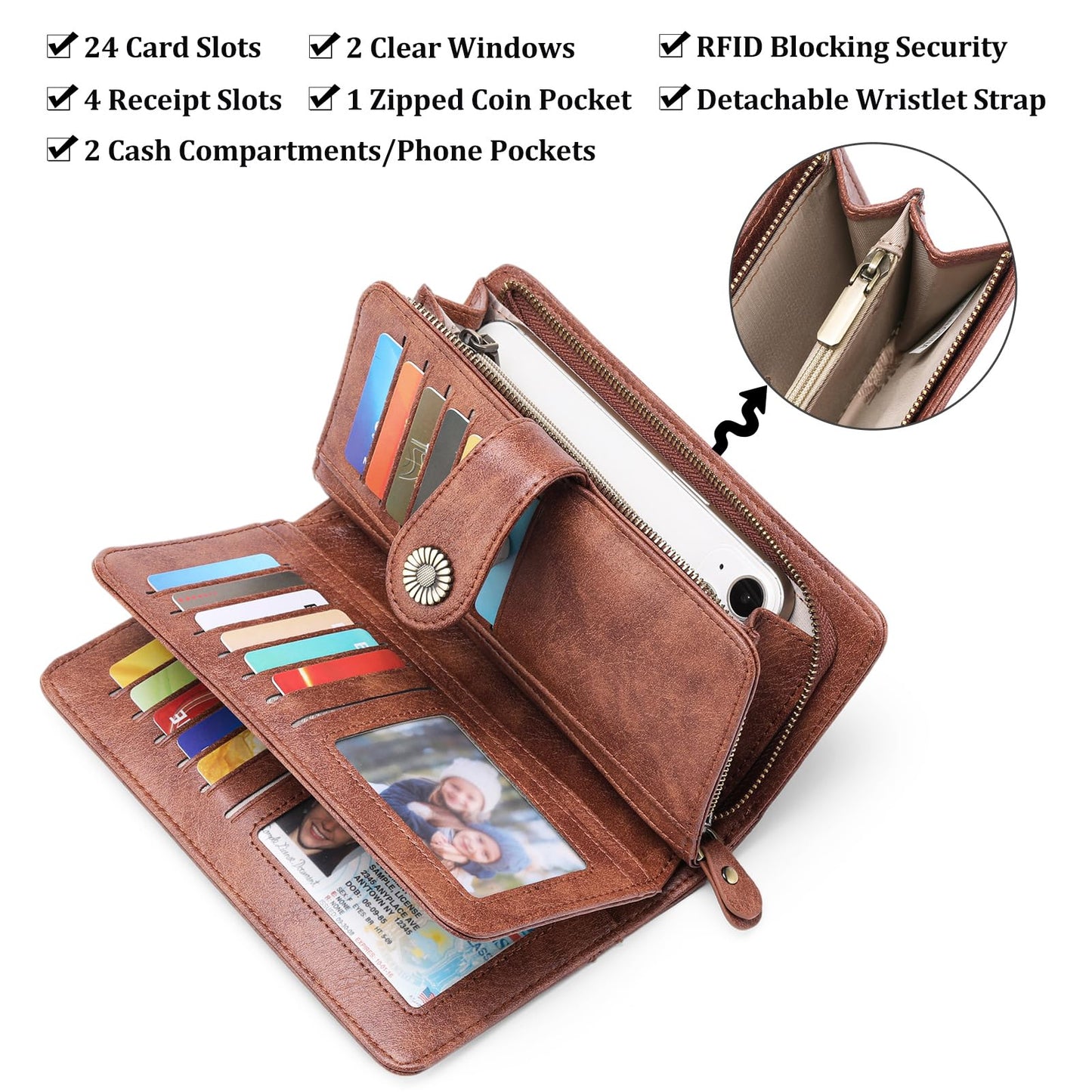 SENDEFN Genuine Leather Purses for Women, RFID Large Ladies Purse, Wallet for Women with Wrist Strap