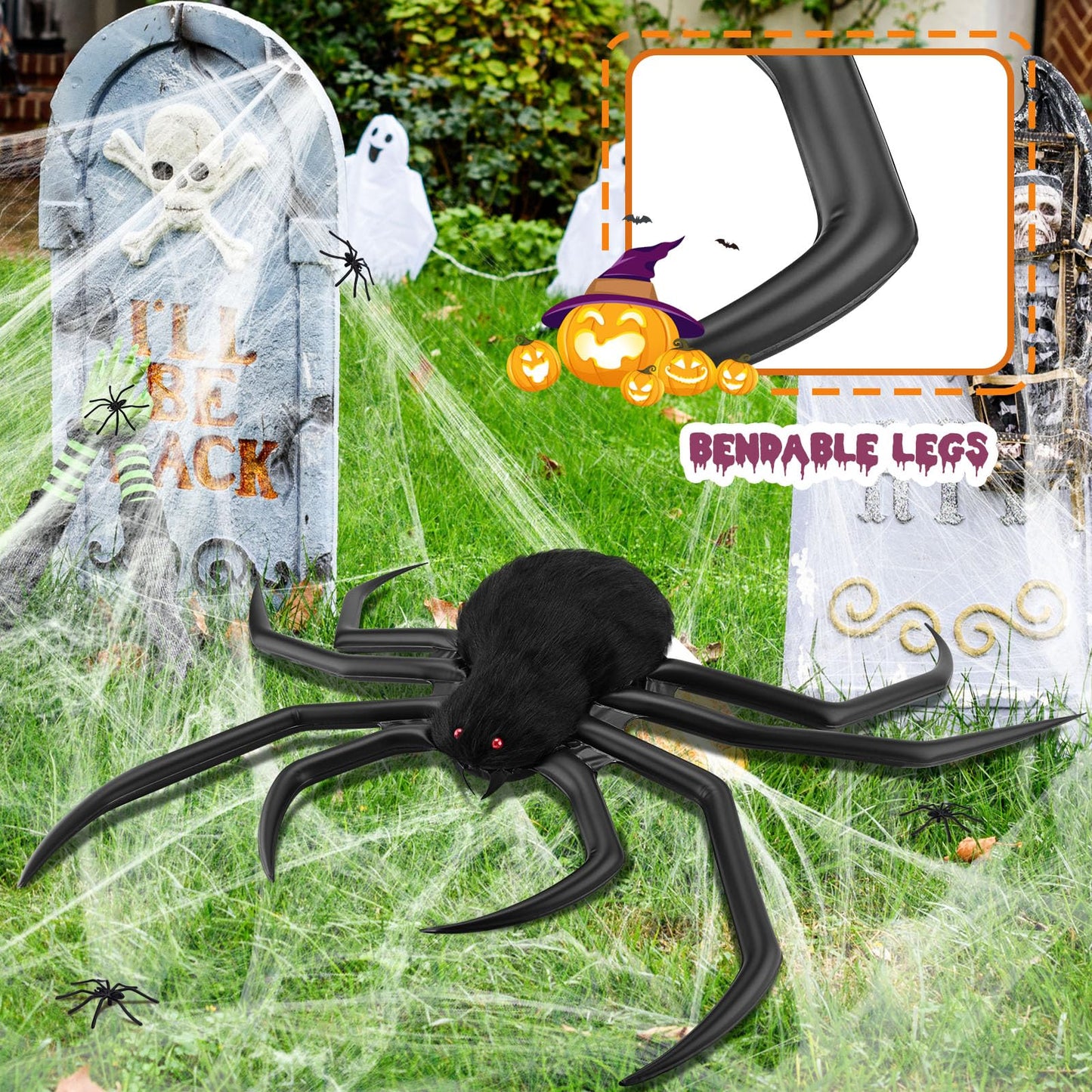 benpen Halloween Decorations Outdoor Gaint Spider:50'' Halloween Spiders Decor+10pcs Scary Hairy Fake Spiders+60g Cobweb Props for Indoor Outdoor Scary Haunted House Theme Party Yard