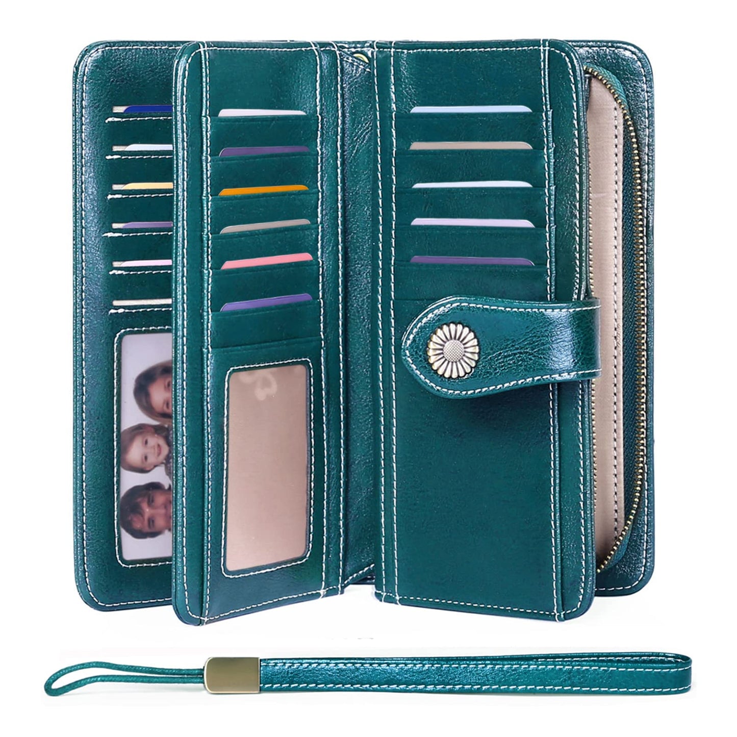 SENDEFN Genuine Leather Purses for Women, RFID Large Ladies Purse, Wallet for Women with Wrist Strap