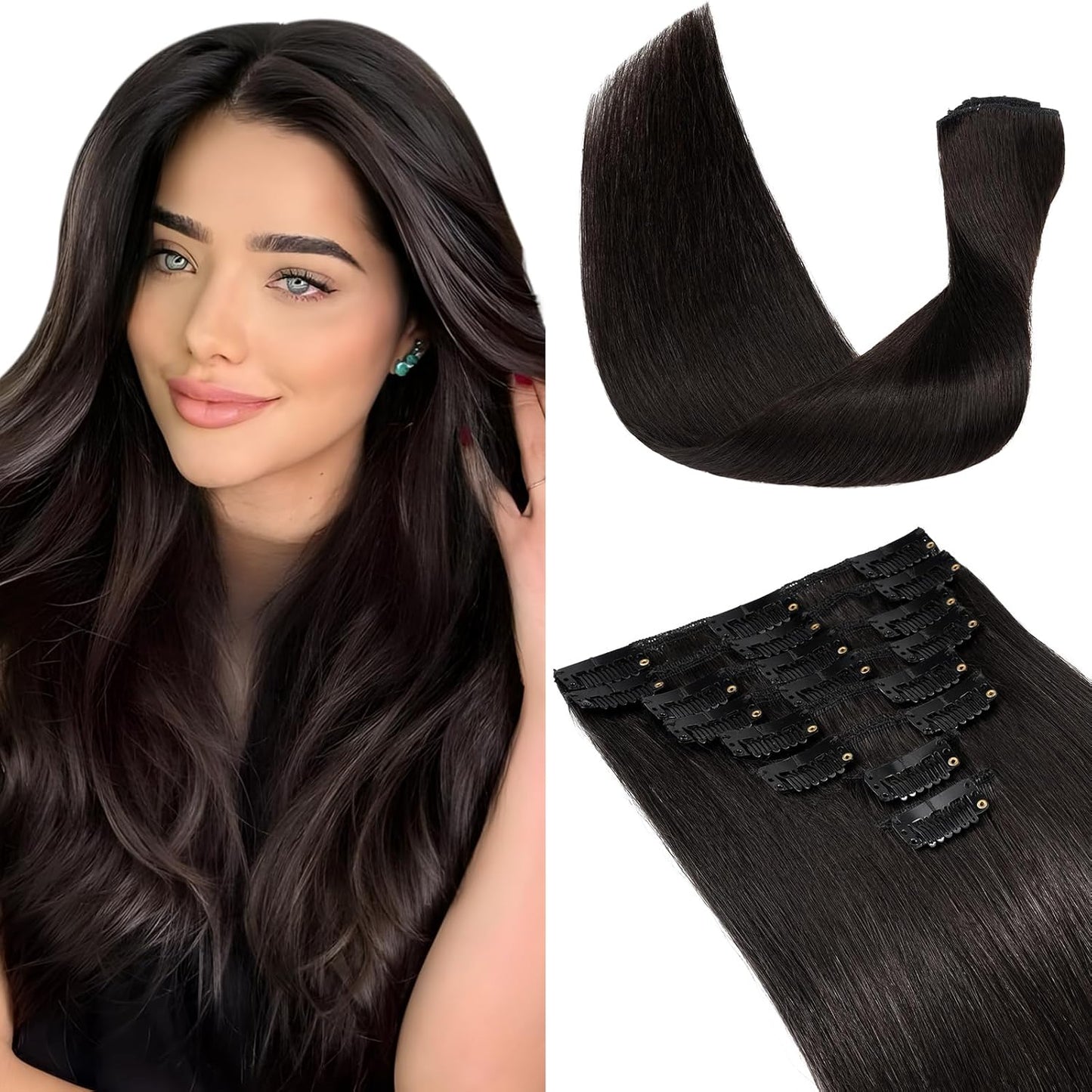 Elailite Clip in Hair Extensions Real Human Hair - 100% Remy Hair Straight 8 Pcs Thin Weft (#12/613 Golden Brown Mix Bleach Blonde, 10 Inch (50 g))