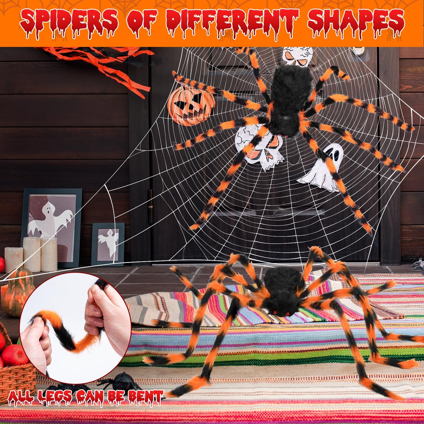 benpen Halloween Decorations Outdoor Gaint Spider:50'' Halloween Spiders Decor+10pcs Scary Hairy Fake Spiders+60g Cobweb Props for Indoor Outdoor Scary Haunted House Theme Party Yard