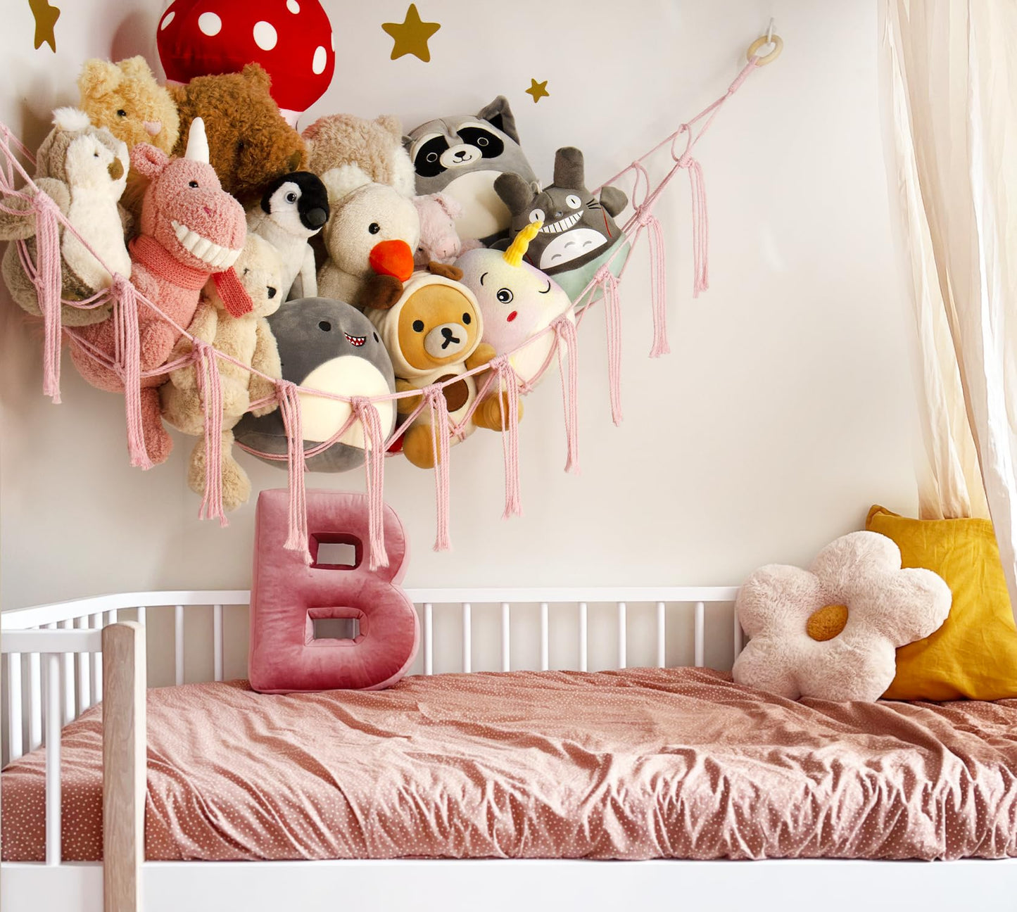 Stuffed Animal Storage Hammock - Baby Toy Hammock Net for Stuffed Animals Cute Room Decor -Large Stuff Animal Organizer Holder for Plush Plushie - Kids Nursery Beige Bedroom Home Decor