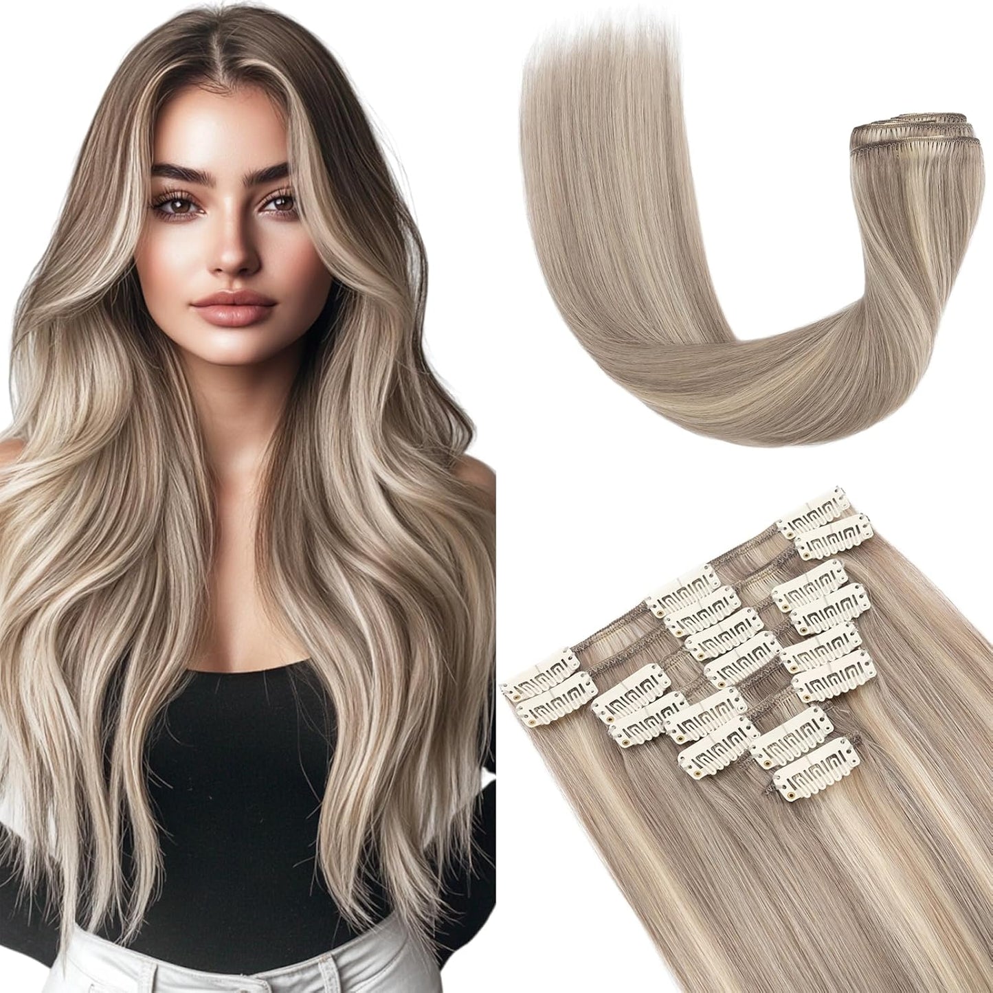 Elailite Clip in Hair Extensions Real Human Hair - 100% Remy Hair Straight 8 Pcs Thin Weft (#12/613 Golden Brown Mix Bleach Blonde, 10 Inch (50 g))
