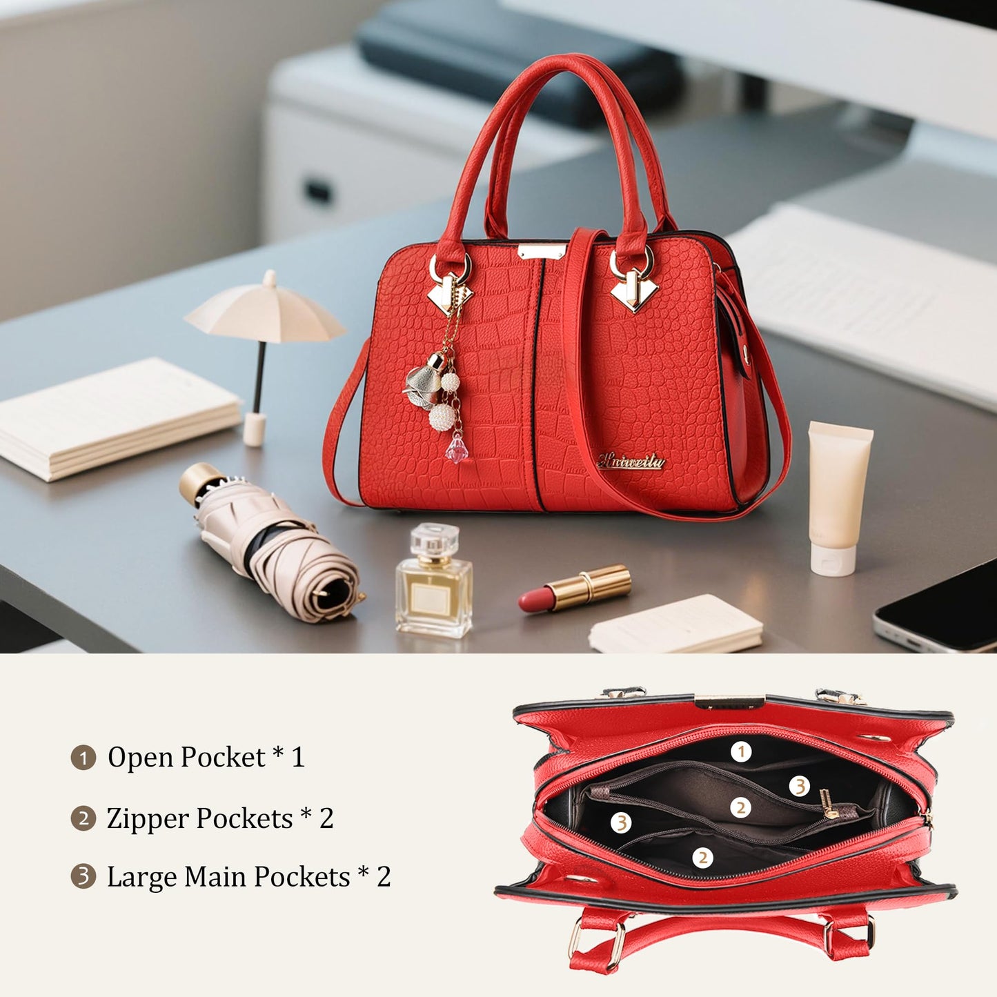 FORRICA Handbags for Women Elegant Pendant Ladies Shoulder Bags Top Handle Crossbody Bag PU Leather for Shopping Work Dating Black B