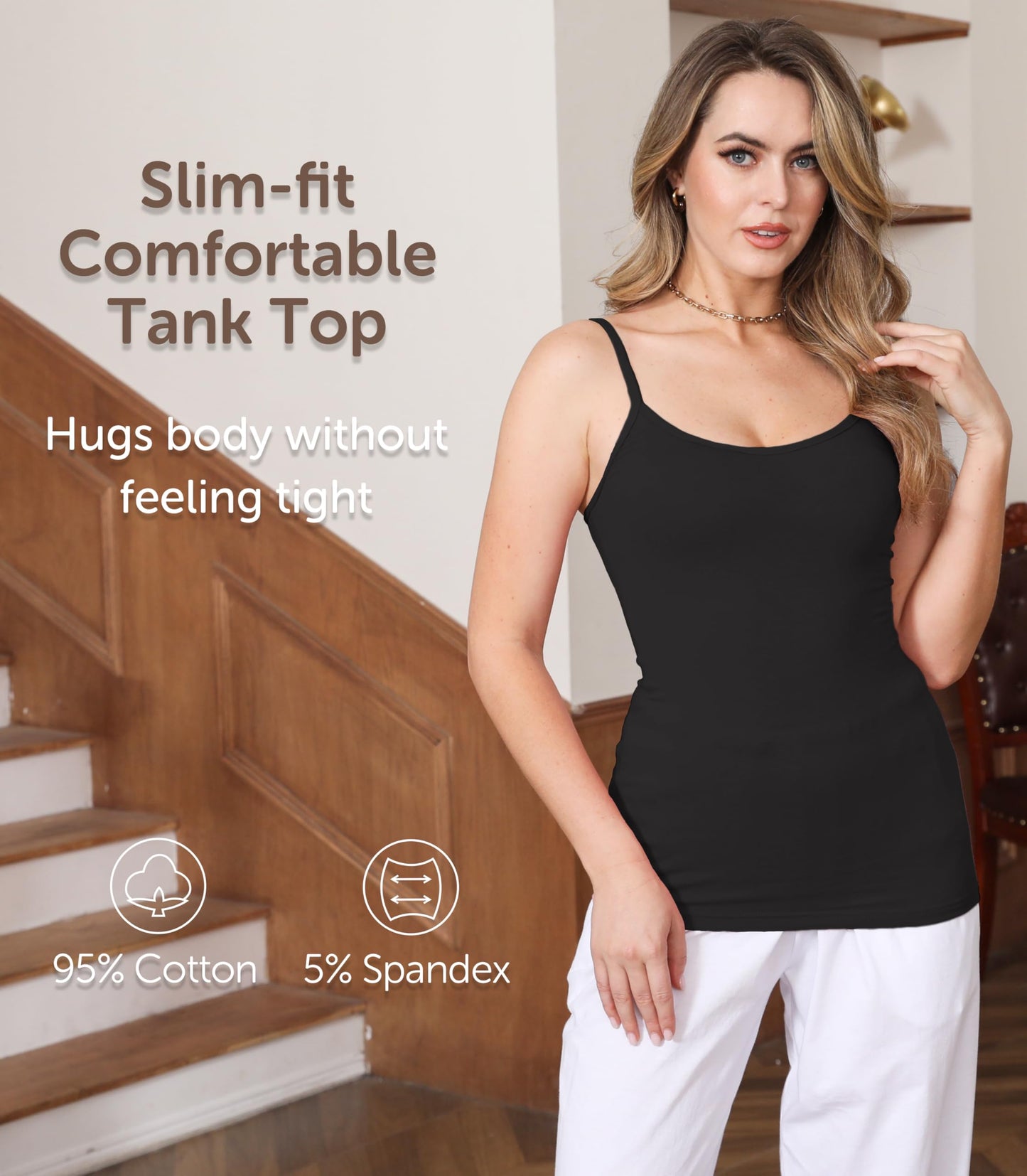 Comfneat Women's 4-Pack Slim-Fit Camisoles Adjustable Spaghetti Strap Cotton Top Undershirt