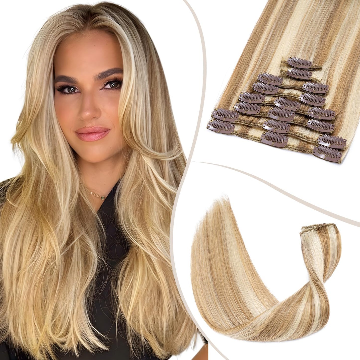 TESS Clip in Hair Extensions Real Human Hair Highlighted Remy Seamless 8 Pieces Straight Short for Women/Girls (#12P613 Golden Brown & Bleach Blonde, 10 Inch 50g)