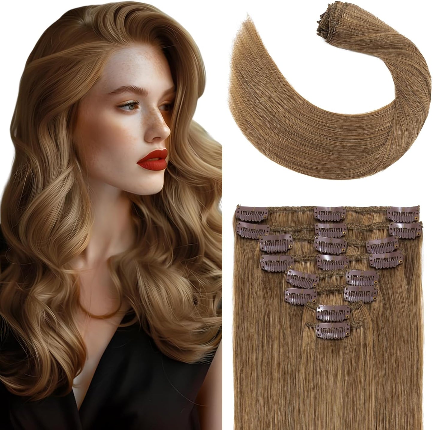Elailite Clip in Hair Extensions Real Human Hair - 100% Remy Hair Straight 8 Pcs Thin Weft (#12/613 Golden Brown Mix Bleach Blonde, 10 Inch (50 g))