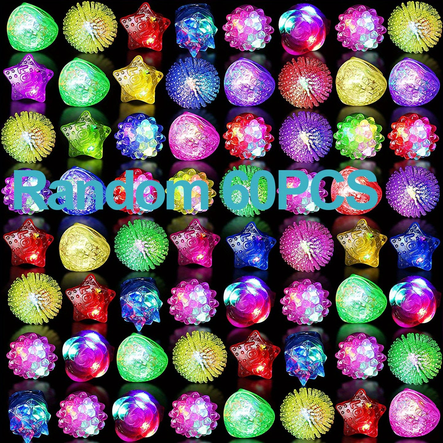 Assorted colorful LED light-up toys including stars, hearts, and spheres on a dark background with 'Random Colors' text.
